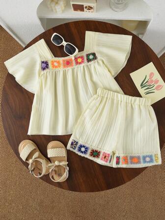 Young Girl 2pcs Casual Flower Woven Ribbon Textured Short Sleeves Top & Shorts Clothes Set For Summer