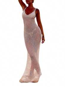 Women Fishnet Knitted Beach Cover Ups Crochet Cutout Backless Dress For Bikini Swimsuit Bathing Suit Summer - White - View 3