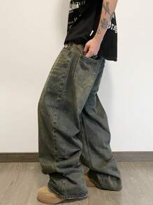 1pc Hearty Haven Loose Casual Fashion Versatile Street Style Wide Leg Straight Leg Jeans - Dusty Blue - View 3