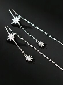 1 Pair S925 Sterling Silver Star Tassel Earrings For Women, Minimalist Elegant Style Dangle Earline, Fashionable Versatile Jewelry Gift - Star - View 6