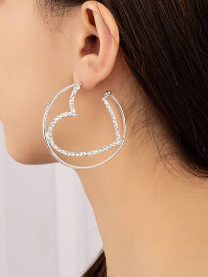 1 Pair Minimalist Heart-Shaped Rhinestone Decor Women's Hoop Earrings