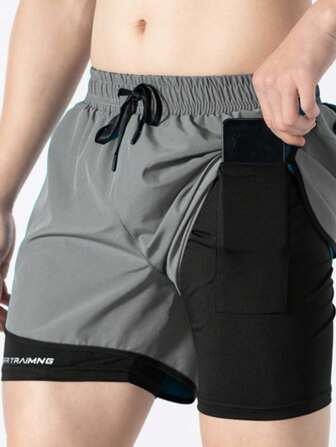 شورت رجالي أحادي اللون مع جيوب 2 في 1، شورت رياضي صيفي للخارج مع رباط سحب