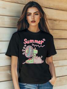Camiseta de verano para mujer de corte ajustado con estampado de gato lindo de dibujos animados y texto, de manga corta y cuello redondo, diseño casual para usar en la calle