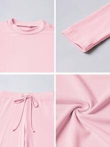 Bộ đồ hai mảnh nữ GAOVOT mùa xuân hè phong cách Y2K thể thao năng động, thường ngày, mặc nhà, màu trơn, gồm áo thun dài tay ôm dáng và quần dài có dây rút. - Màu Hồng baby - Xem 10