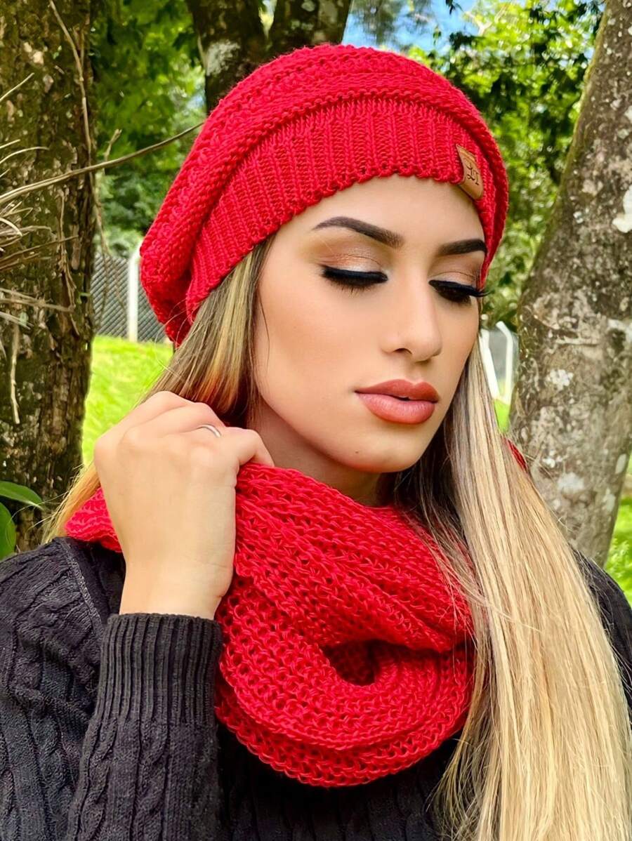 Unisex Knit Infinity Beanie And Scarf Set Soft Wool Winter Fashion - Rojo - Ver 1