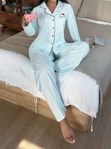 Sanrio 2pcs Hello Kitty Women's Plaid Print Button Front Long Sleeve Pajama Top + Drawstring Waist Long Pants Cute Sleepwear Set, Cozy Outfit, Fall Clothes