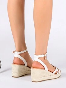 Simple & Versatile Pure White Cool Strap Sandals For Women, Holiday & Casual Style, Ladies' Wedge & Thick Platform Woven Sandals