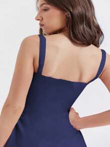 Vestido Corto Elegante De Tirantes De Moda Para Mujer,Vestido Corto de Colores Sólido Para Mujer,Vacaciones en la Playa - Azul Marino - Ver 7