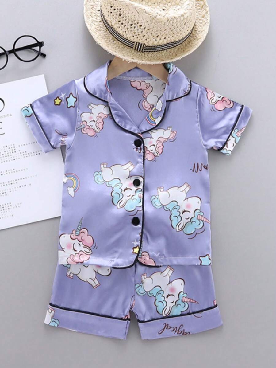 Conjunto de Pijama Infantil Feminino com Camisola Curta de Seda de Gelo e Calça, 2 Peças, Roupa Casual para Criança e Menina Pequena