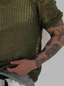 Breathable Perforate Hollow Knitted Loose Casual College Unisex Round Neck Short Sleeve Pullover Sweater For Spring, Summer And Autumn