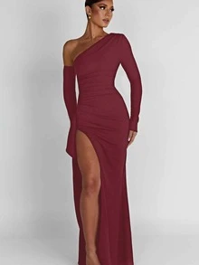 Sexy Off-Shoulder Long Sleeve Bodycon Asymmetrical Slit Dress For Women, Autumn/Winter