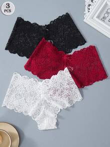 3pcs Ladies Panties Lace Floral Print Fashion Bow Simple Comfort Triangle Panties - Multicolor - View 1
