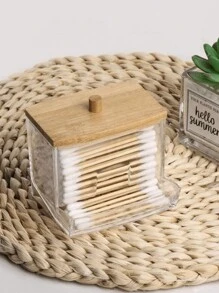 3/1pc Acrylic Qtip Holder With Bamboo Lid, Clear Small Swab Dispenser, Plastic Ear Stick Swabs Holder, Toothpick Storage Container, Bathroom Countertop Decorative Storage Organizer