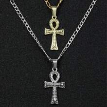 dollrinboy 1 pieza Colgante de collar de cruz Ankh de tono dorado y plateado de acero inoxidable de 14K para mujeres y hombres, con cadena Figaro plana de 3mm, collar de cruz egipcia