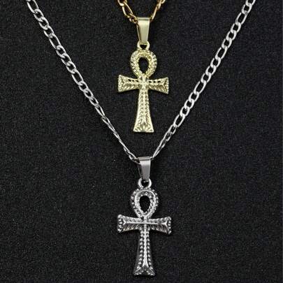 dollrinboy 1 chiếc vòng cổ mặt thánh giá Ankh bằng thép không gỉ tông vàng bạc 14K dành cho nam nữ, dây chuyền dẹt 3mm, vòng cổ thánh giá Ai Cập