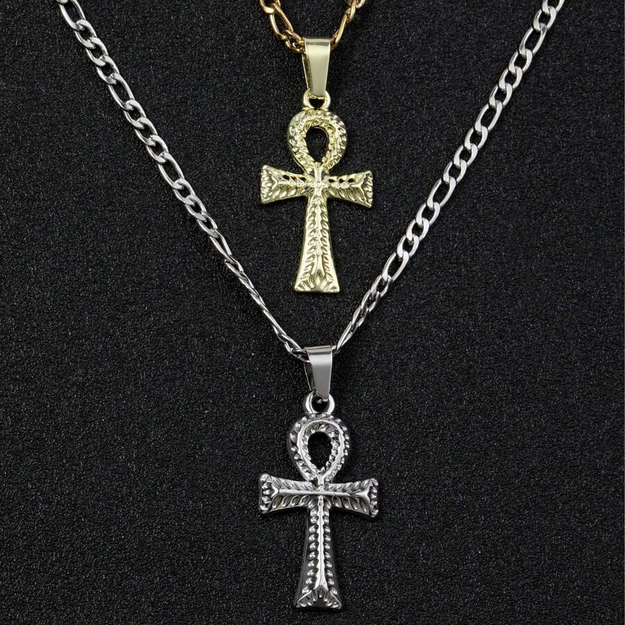 dollrinboy 1 pieza Colgante de collar de cruz Ankh de tono dorado y plateado de acero inoxidable de 14K para mujeres y hombres, con cadena Figaro plana de 3mm, collar de cruz egipcia