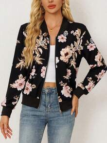 1pc Floral Print Lightweight Women Casual Bomber Jacket, Spring/Summer/Autumn, Fashion Baseball Jacket With Zipper, No Lining