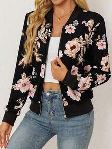 1pc Floral Print Lightweight Women Casual Bomber Jacket, Spring/Summer/Autumn, Fashion Baseball Jacket With Zipper, No Lining