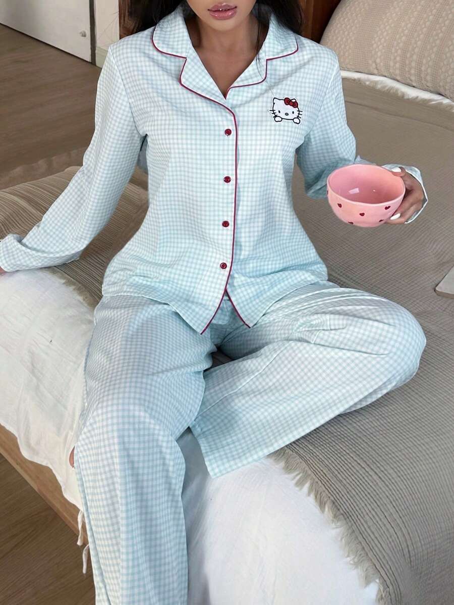 Sanrio 2pcs Hello Kitty Women's Plaid Print Button Front Long Sleeve Pajama Top + Drawstring Waist Long Pants Cute Sleepwear Set, Cozy Outfit, Fall Clothes