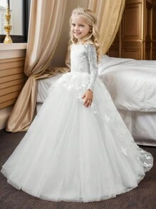 Aibaowedding Flower Girl Dress Fluffy Tulle Custom Ball Dress Lace Applique Princess Dress Wedding Party Girl - White - View 2