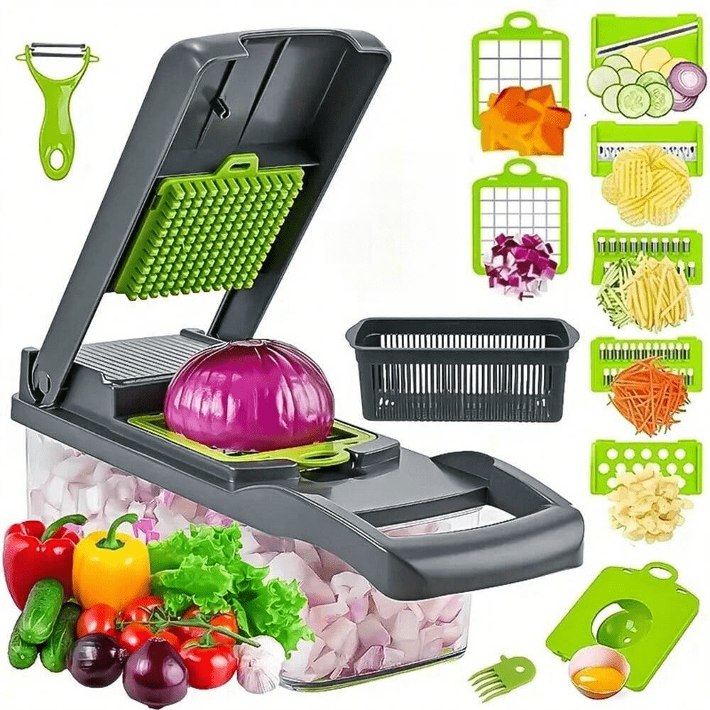 16 pezzi Set avanzato affettatrice per verdure, affettatrice di frutta multifunzione, grattugia per alimenti, tritatrice per verdure, set di coltelli con contenitore, tritatutto per cipolle con lame intercambiabili, affettatrice per patate, utensili da cucina