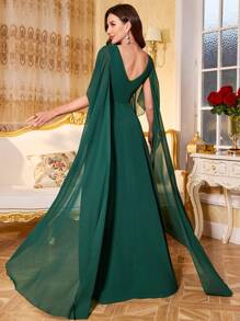 SUPGIR 深 V 领荷叶边袖奢华亮片拼接装饰下摆开叉下摆优雅晚礼服、派对礼服、长袍、正式礼服、婚礼宾客礼服 - 墨綠色 - 查看 2