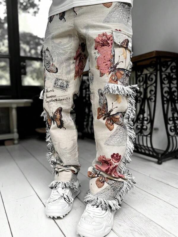 Boys' Asymmetrical Print Straight Leg Jeans With Pockets, Frayed Hem, Casual Street Style, Elastic Waist, All Season