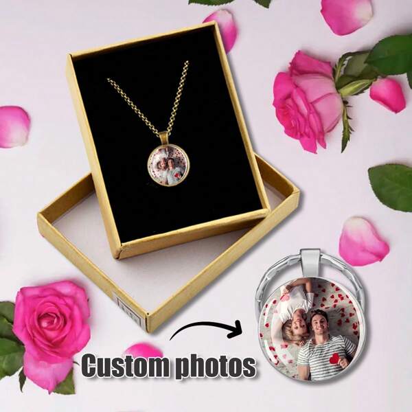 Chaveiro com pingente de liga de zinco personalizado 1 peça - Chaveiro com pingente de cúpula de vidro fotográfico personalizado, estilo moderno e luminoso para homens e mulheres - Joia memorial com imagem de logotipo e família personalizável