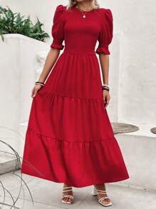 Women's Summer Dress Casual Crewneck Short Sleeve Smock Boho Flowy Dress Spring Summer Holiday Vacation Valentine Going Out Outfits - Red - View 5