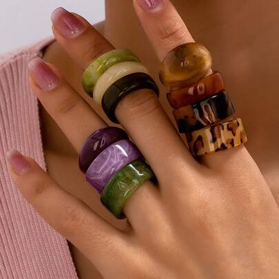 Juego de 10 anillos de mujer de moda personalizados, de material acrílico, anillos exagerados vintage, adecuados como regalo, para fiestas, banquetes y uso diario