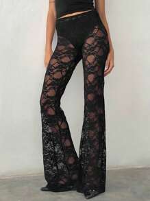 Women Lace Bell Pant See Through Flare Bottom Leggings Hollow Out Mesh Cover Up Trousers Gothic Flare Pants Streetwear - 黑色 - 查看 2