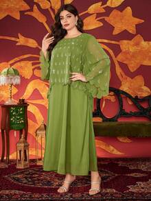 Plus Size Women Rhinestone Embellished Round Neck Solid Color Elegant Maxi Modest Dress (Pearls Randomly Placed, Position May Vary)