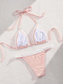 New Lace Trim Bowknot Decor Spaghetti Strap 2 Pieces Bikini Set, Women Fashion Summer Beach Vacation Swimwear
