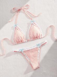 New Lace Trim Bowknot Decor Spaghetti Strap 2 Pieces Bikini Set, Women Fashion Summer Beach Vacation Swimwear