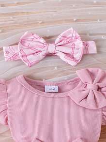Bộ 2 áo liền quần tay lửng màu hồng dễ thương cho bé gái + quần short in họa tiết, nhẹ cho mùa hè - Hồng - Xem 4