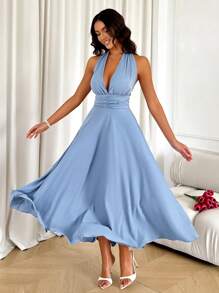 Women's Elegant Backless Spaghetti Strap Mid-Length Dress - Blue - View 1