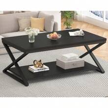 HSH Gray Storage Coffee Table, Modern Center Table For Living Room With Display Shelf, Simple Metal Wooden Rectangle Cocktail Tea Table, Minimalist Home Office Bedroom 2 Tier Coffee Table, 39 Inch - màu đen - Xem 3