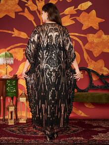 大码女式精致仿珍珠刺绣流苏装饰 2 件套阿拉伯风格连衣裙 - 黑色 - 查看 3