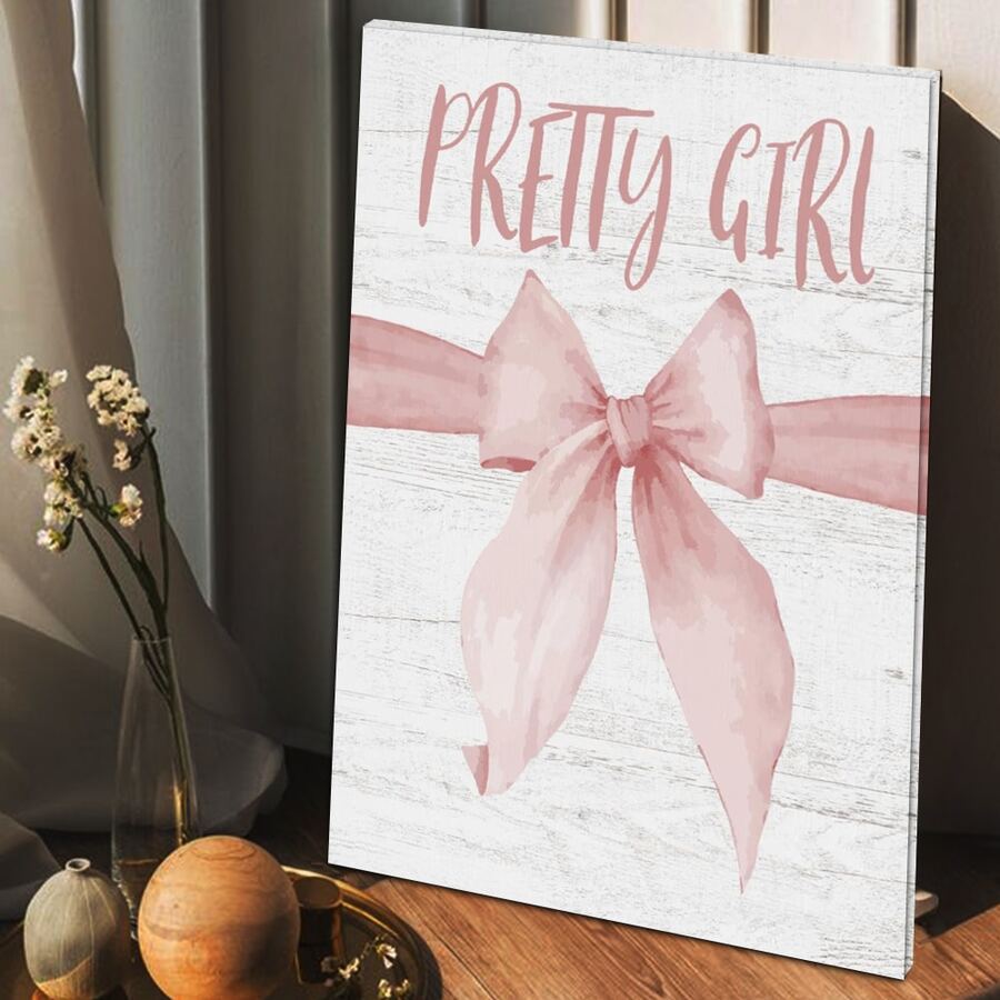 1 Pc Framed Canvas Wall Art Poster Coquette Girl Ribbon Bow Wooden Preppy Pink Desk Decor Girly Aesthetic Decor For Home Girls Room Bedroom Dorm College Apartment Wall Desk Shelf Tabletop Decoration For Living Room Bathroom Bedroom