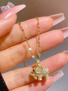 1 件铜镶嵌方晶锆石大象吊坠项链 - 不锈钢 18K 镀金链 - 送给妻子/女士的时尚优雅礼物，无包装盒 - 金色 - 查看 5