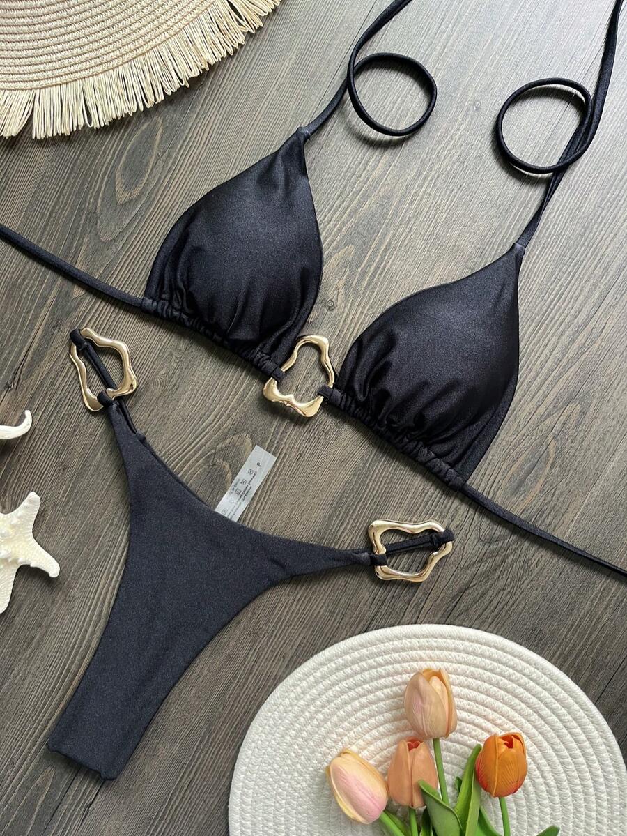 Bộ bikini màu trơn viền kim loại bất đối xứng mới, đồ bơi gợi cảm cho phụ nữ đi biển, đi nghỉ hè - Màu xanh Ô liu - Xem 1