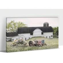 1PCS Framed Farmhouse Wall Art - Barn Picture, White Barn And Floral Canvas Print For Kitchen Decor, Modern Countryside Landscape Painting, Vintage Car Artwork For Living Room Decor, Home Office Decor, Suitable For Bedroom Dining Room Bathroom Study Office Coffee Shop Hotel Apartment Studio Dressing Room Wall Decor