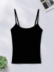1 件女式纯色罗纹吊带背心，带胸垫，薄款休闲露脐背心，健身 - 黑色 - 查看 5