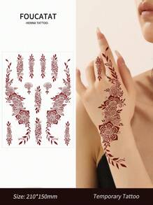 1pc Flower Temporary Tattoo For Women, Maroon Henna Tattoo Sticker For Double Hand And Fingers, Waterproof Fake Tattoo For Wedding Party And Festival - Multicolor - View 1