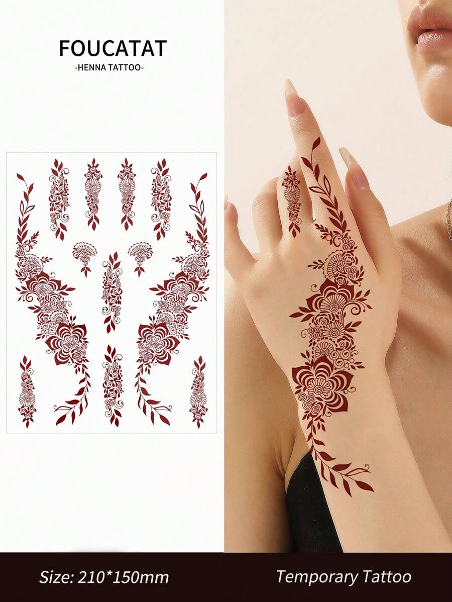 1pc Flower Temporary Tattoo For Women, Maroon Henna Tattoo Sticker For Double Hand And Fingers, Waterproof Fake Tattoo For Wedding Party And Festival - Multicolor - View 1