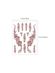 1pc Flower Temporary Tattoo For Women, Maroon Henna Tattoo Sticker For Double Hand And Fingers, Waterproof Fake Tattoo For Wedding Party And Festival - Multicolor - View 5