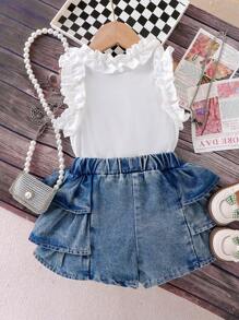 2pcs Young Girl Sweet Floral Trim Sleeveless Top And Ruffle Trim Playful Denim Shorts Set, Summer