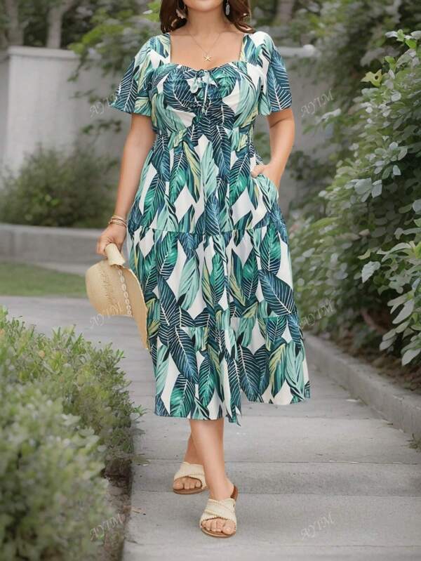 Plus Size Women Allover Print Pocket Design Drawstring Pleated Long Elegant Short Sleeve Dress