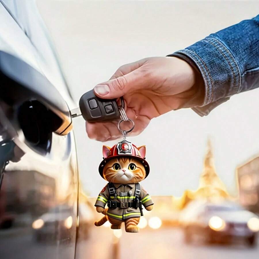 1 个高品质 2D 亚克力火猫钥匙扣 - 汽车爱好者的完美礼物、节日挂饰、墙壁、车镜配件 - 非电动 - 彩色 - 查看 1