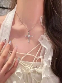 1pc S925 Sterling Silver Luxury Cross Starburst Design Pendant Necklace With Sparkling Cubic Zirconia, Elegant Fashion Jewelry For Women, Party & Gift For Loved One - Silver - View 3